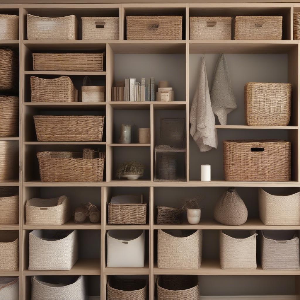 Wicker storage bins in various sizes and styles displayed on shelves