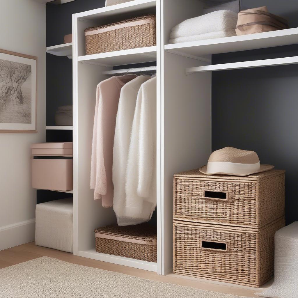 Wicker storage boxes with lids used in a bedroom to organize clothes and accessories, highlighting their versatility and aesthetic appeal.