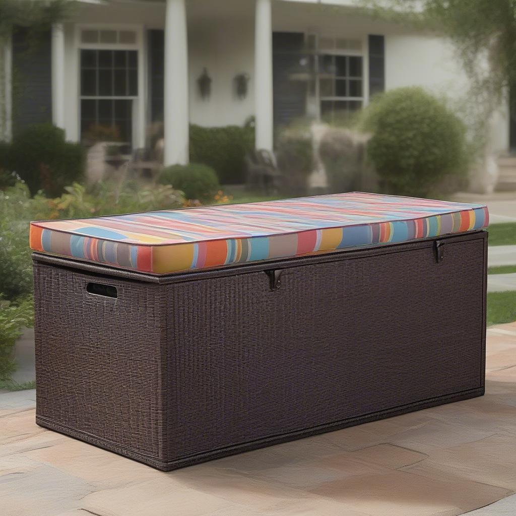 Large wicker storage box with cushions next to patio furniture.