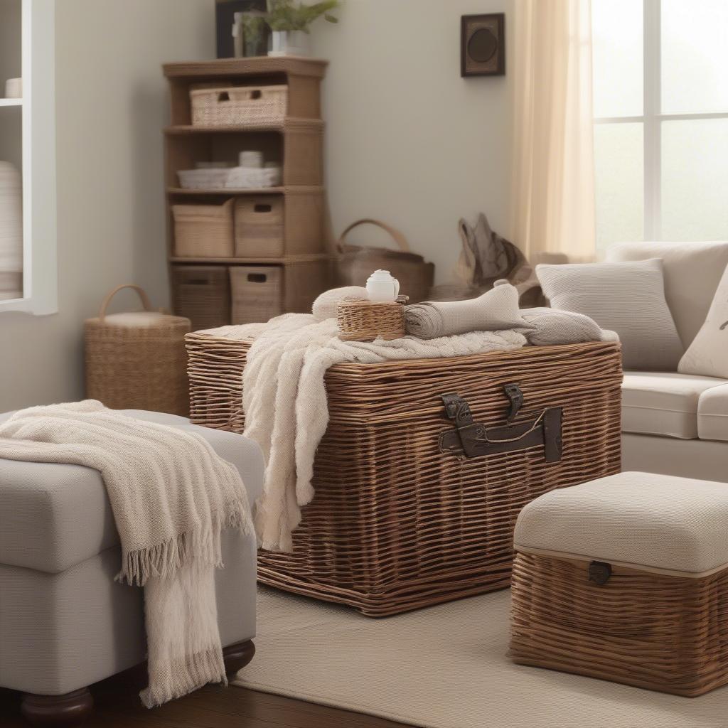 Wicker storage box in a living room setting, showcasing its natural beauty and functionality.