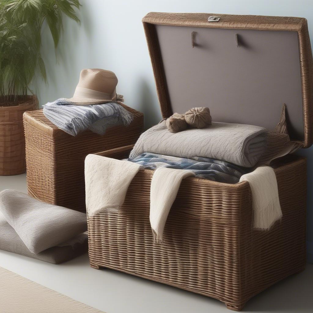 A wicker storage box with a lid used in a living room setting to store blankets and throws, showcasing its organizational capabilities.