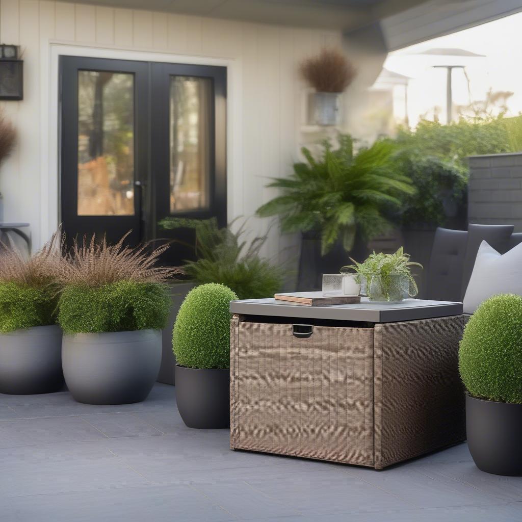 Wicker storage box on a patio