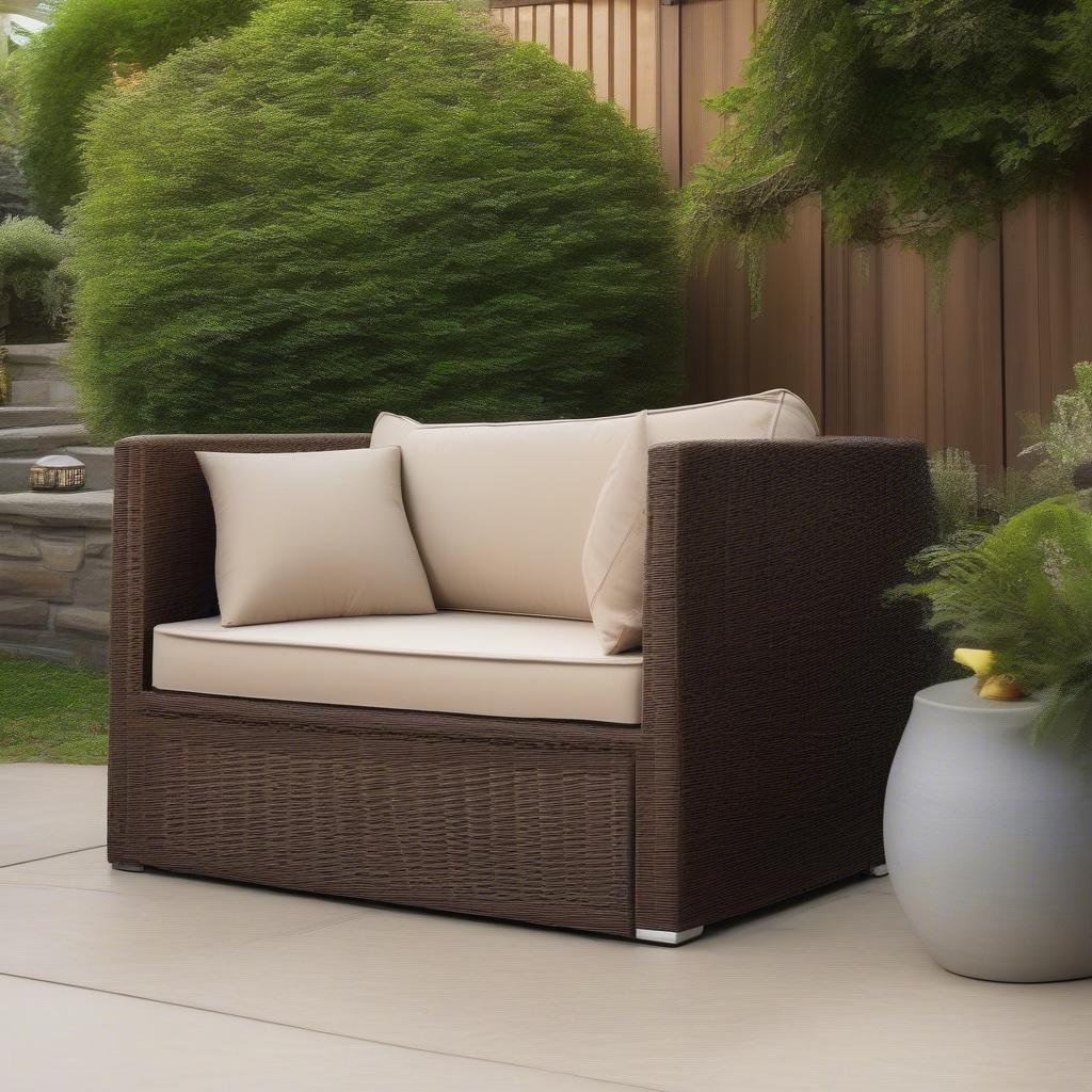 Wicker storage box on a patio with outdoor furniture