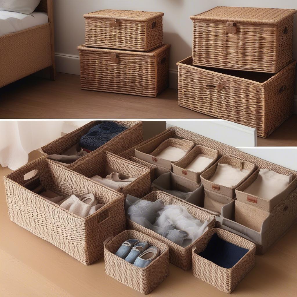 Different sizes and shapes of wicker storage boxes, illustrating the variety available for various storage needs.