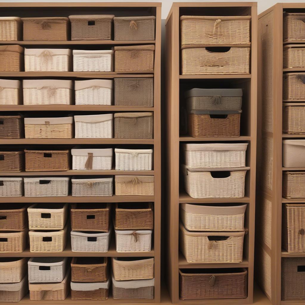 Variety of wicker storage boxes made from different materials suitable for underbed storage - rattan, seagrass, willow, and bamboo.