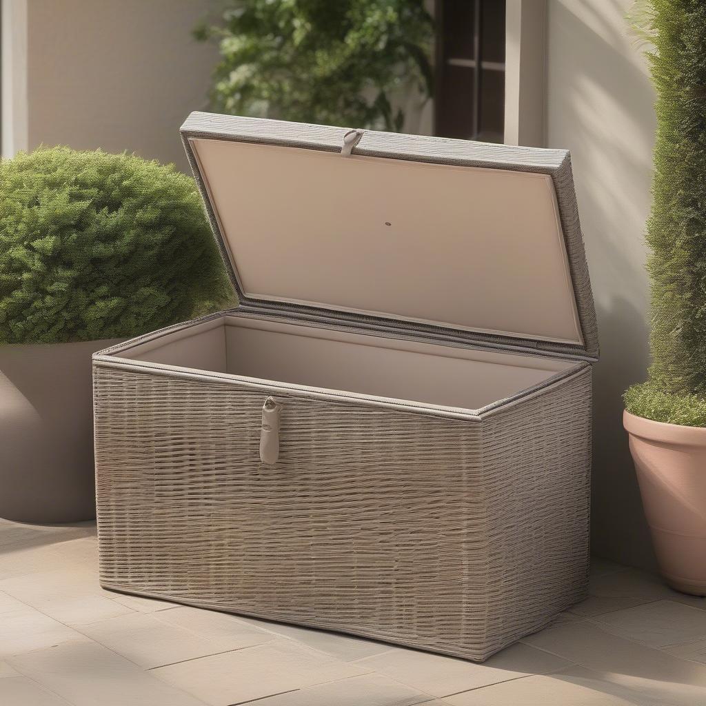 Weather-resistant wicker storage box on a patio