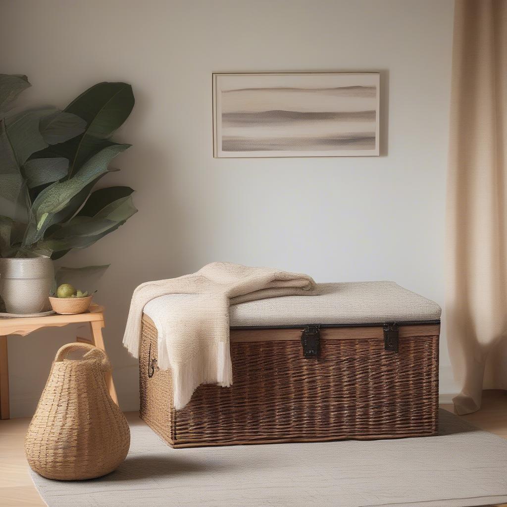 Wicker storage box with lid in a living room setting