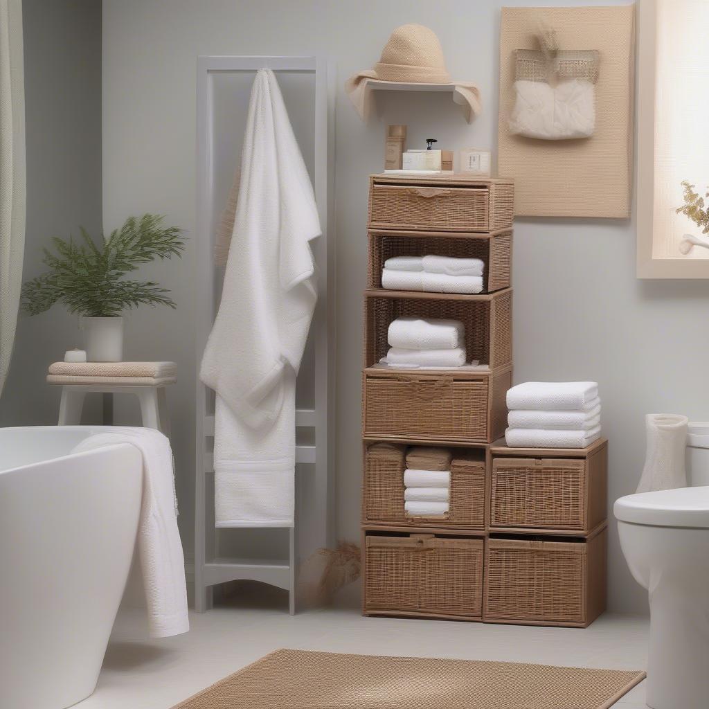 Wicker storage boxes organizing bathroom essentials