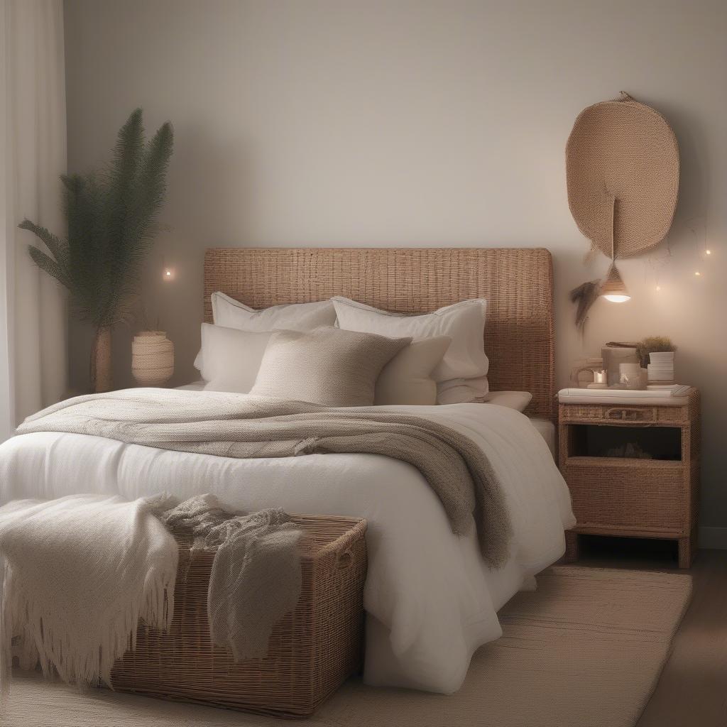 Wicker storage boxes in a bedroom