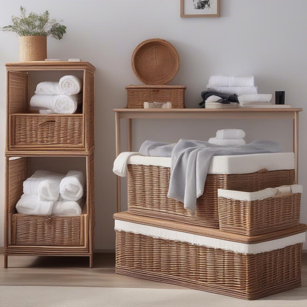 Wicker storage boxes used in different rooms in a New Zealand home