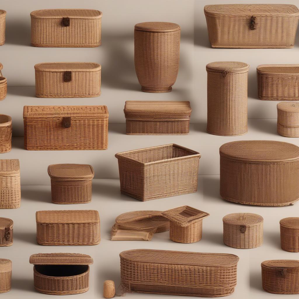 Various shapes and sizes of wicker storage boxes