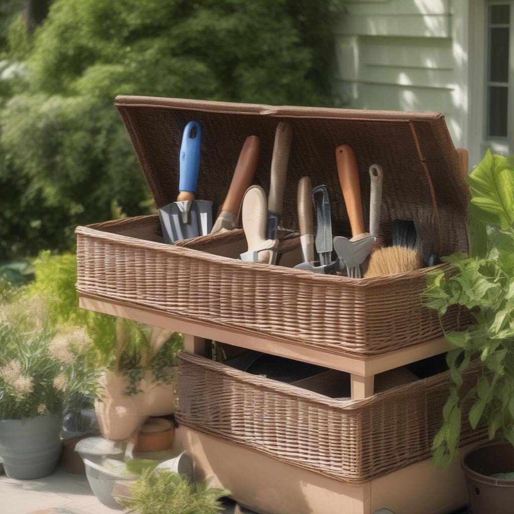 Wicker storage boxes in a garden setting