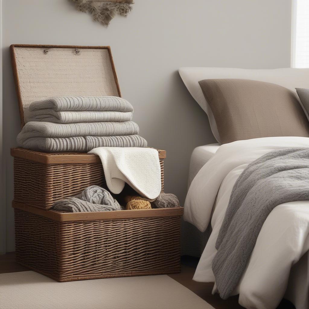 Wicker storage boxes used for organizing clothes and accessories in a bedroom.