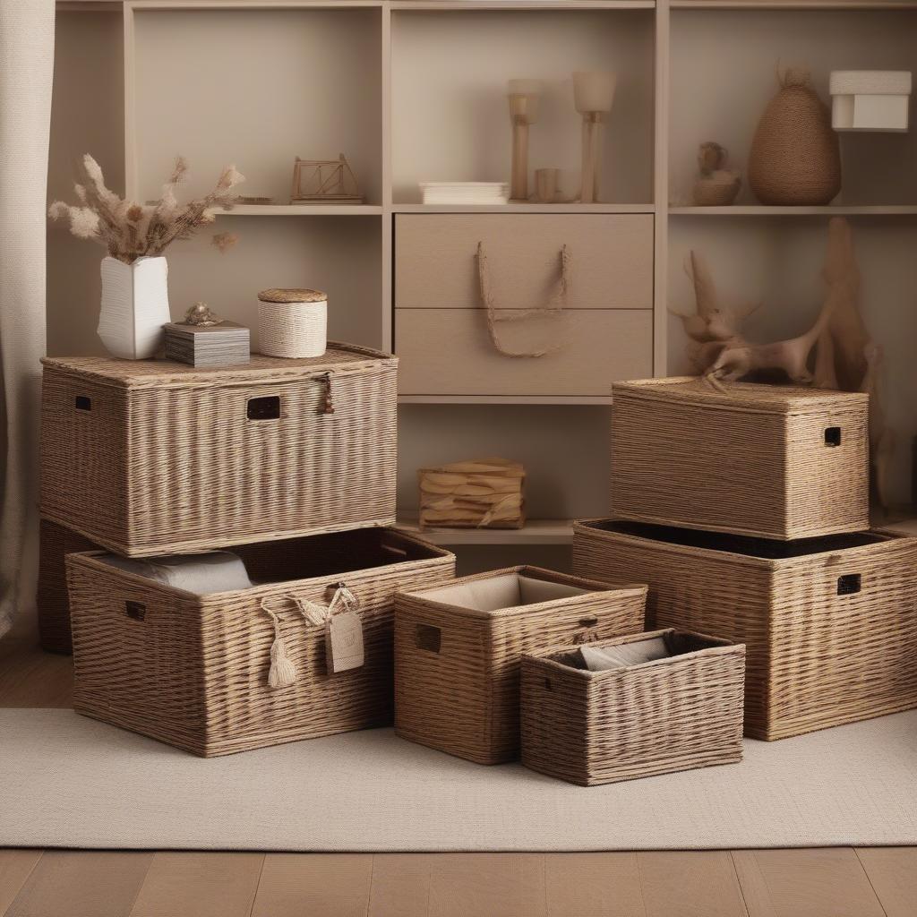 Wicker storage boxes in a living room setting