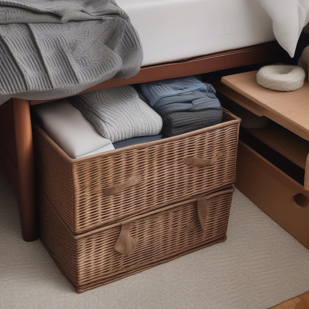 Wicker storage boxes neatly tucked under a bed, showcasing organized storage solutions for maximizing space.