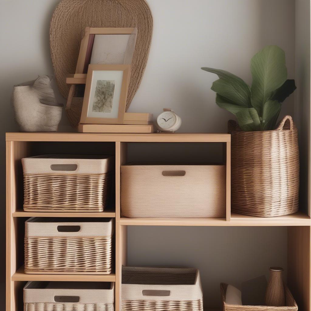 Wicker Storage Boxes Under a Console Table