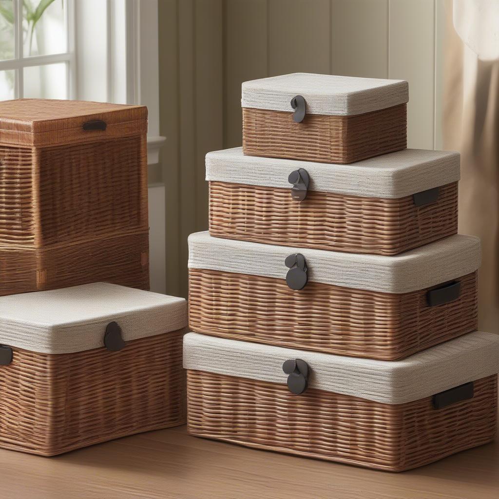 Various wicker storage boxes with lids showcasing different sizes, shapes, and weaving patterns.