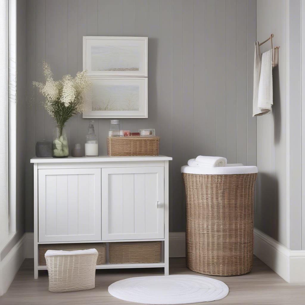 Wicker storage cabinet in a bathroom