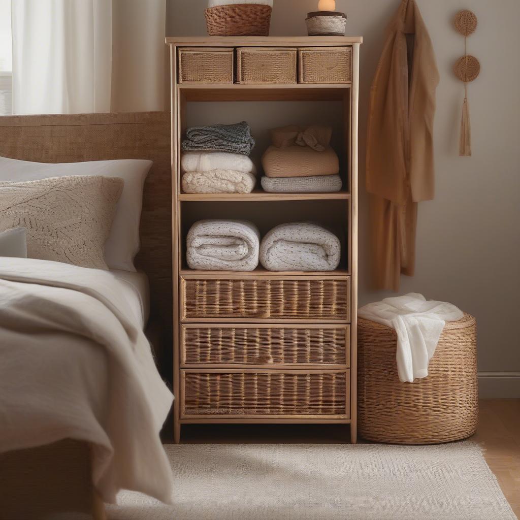 Wicker Storage Cabinet with Drawers in a Bedroom Setting