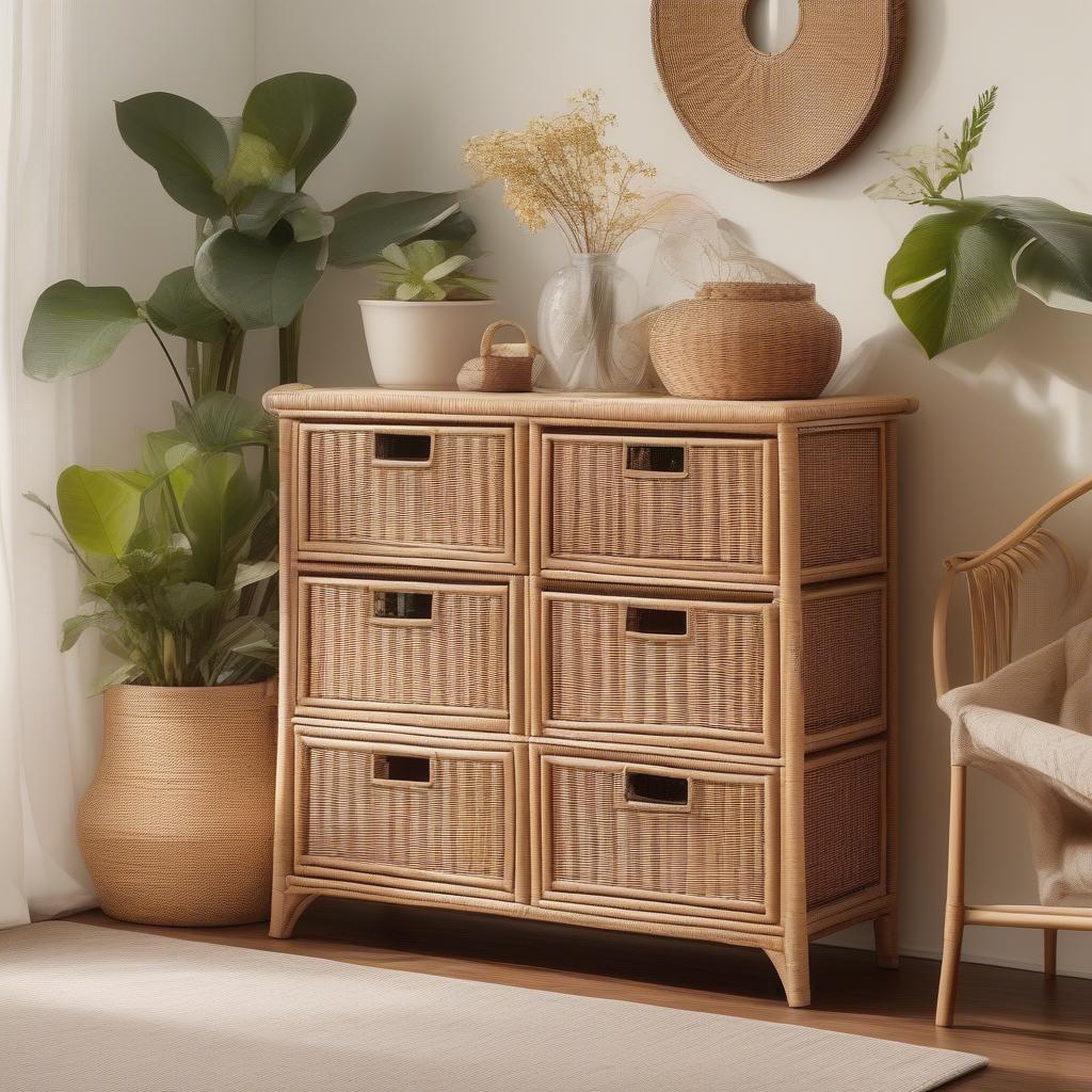 Wicker Storage Cabinet with Drawers in a Living Room