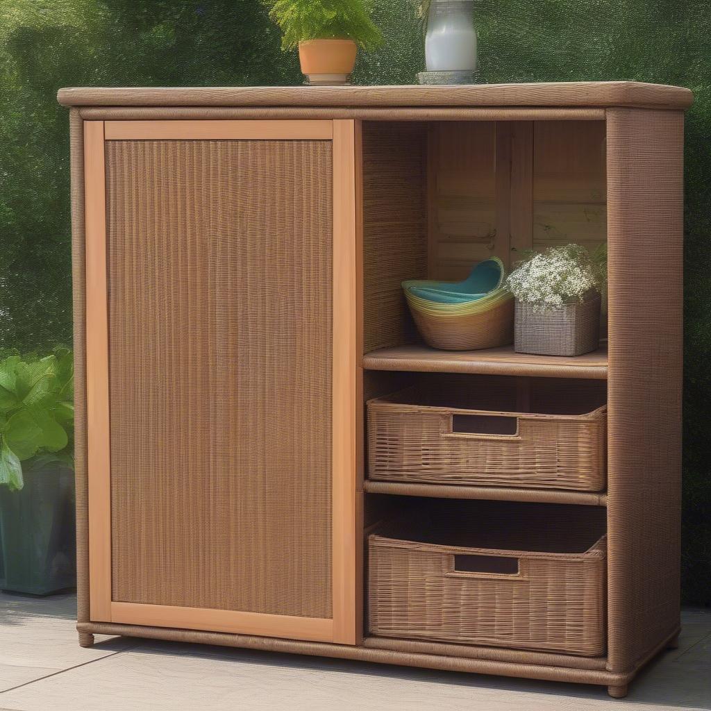 All weather wicker storage cabinet in a garden setting, surrounded by plants and flowers.