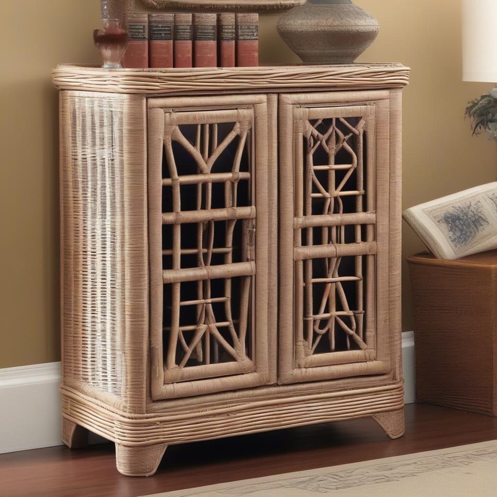 Wicker storage cabinet in a living room setting