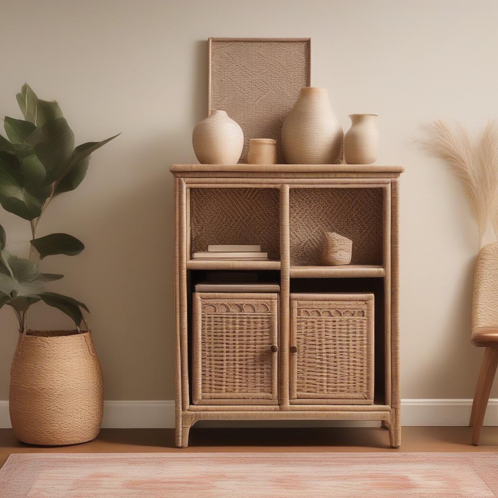 Wicker storage cabinet in a living room setting