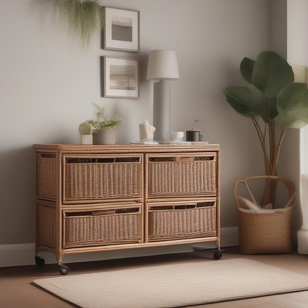 Wicker storage cabinet on wheels in a living room