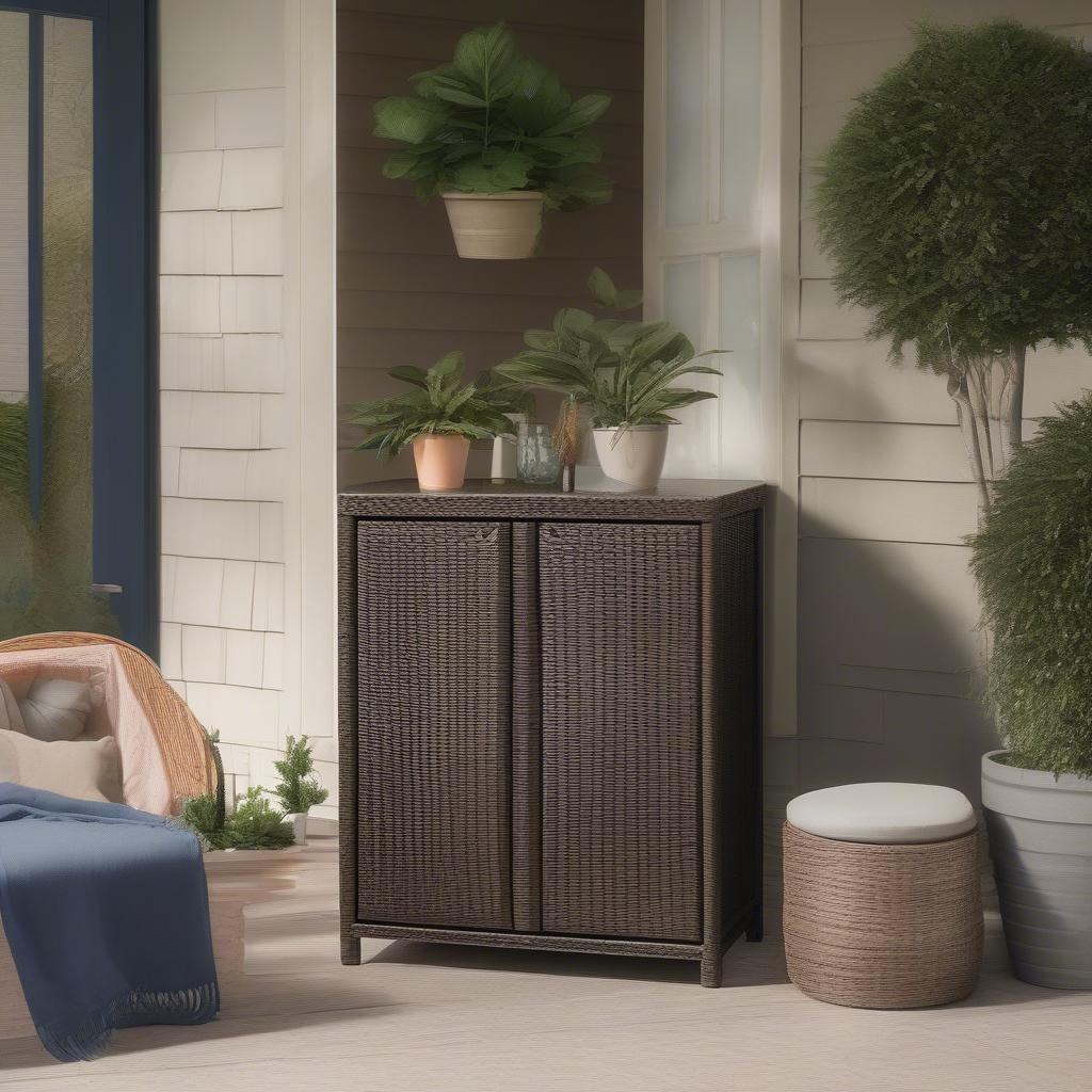 Wicker storage cabinet on a patio with cushions and plants.