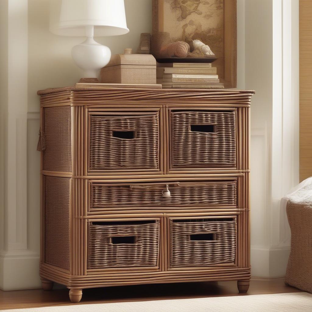 Wicker storage cabinets in various sizes, from small bedside tables to large armoires.