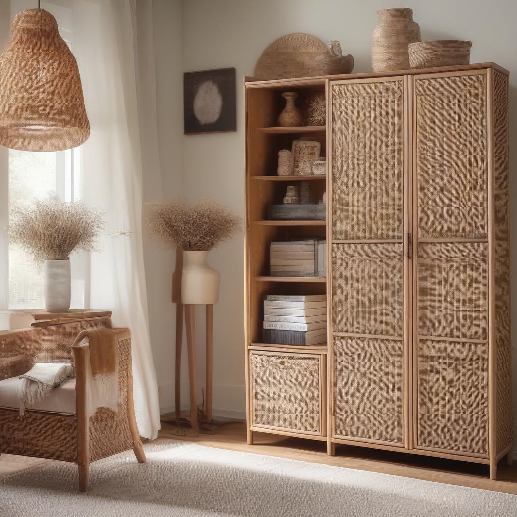 Wicker storage cabinets in a living room setting, showcasing their natural beauty and versatility.