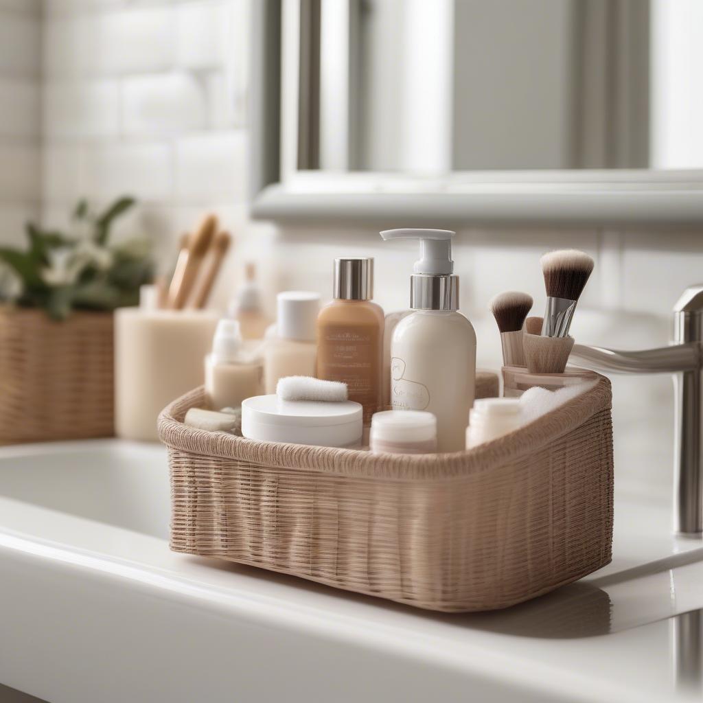 Wicker storage caddy in a bathroom setting, showcasing its organizational capabilities and adding a touch of rustic charm to the space.