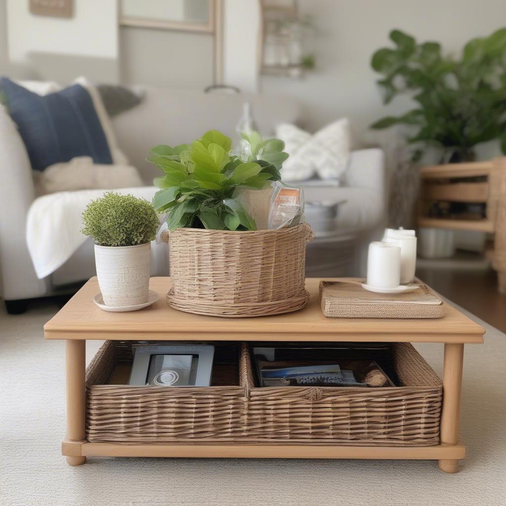 Wicker storage caddy in a living room, organizing remotes, magazines and other small items, adding a touch of natural elegance.