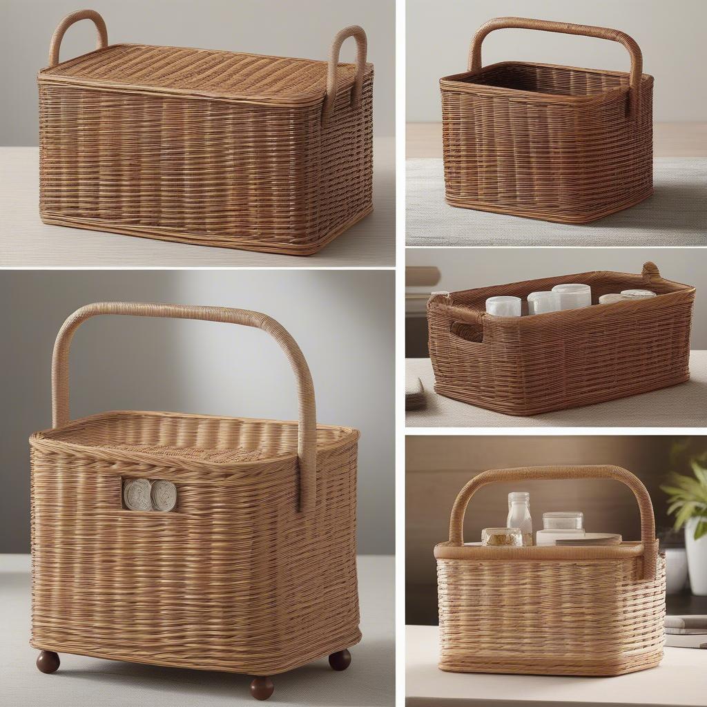 Different styles of wicker storage caddies, showcasing various shapes, sizes, and functionalities.