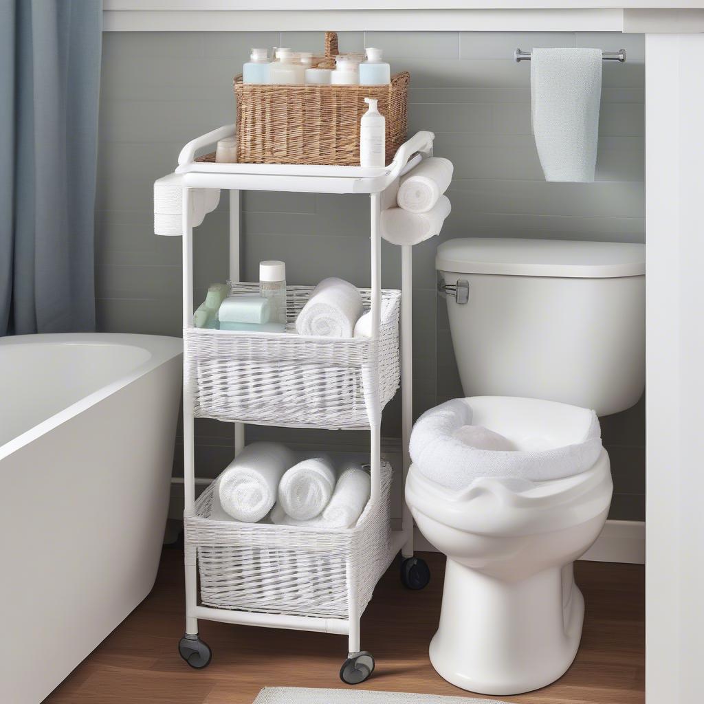 Wicker storage cart in a bathroom setting, used to organize towels and toiletries