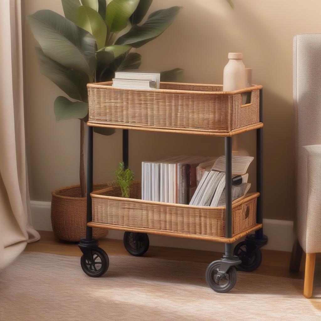 Wicker Storage Cart in Living Room Setting