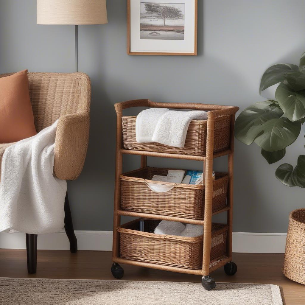 Wicker storage cart in a living room setting, showcasing its versatility and aesthetic appeal