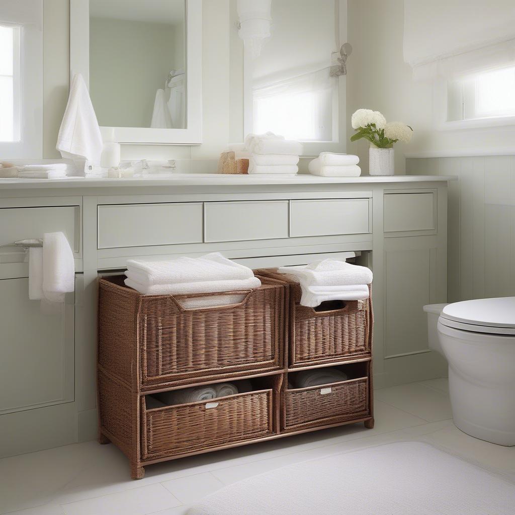 Wicker storage chest in a bathroom with towels