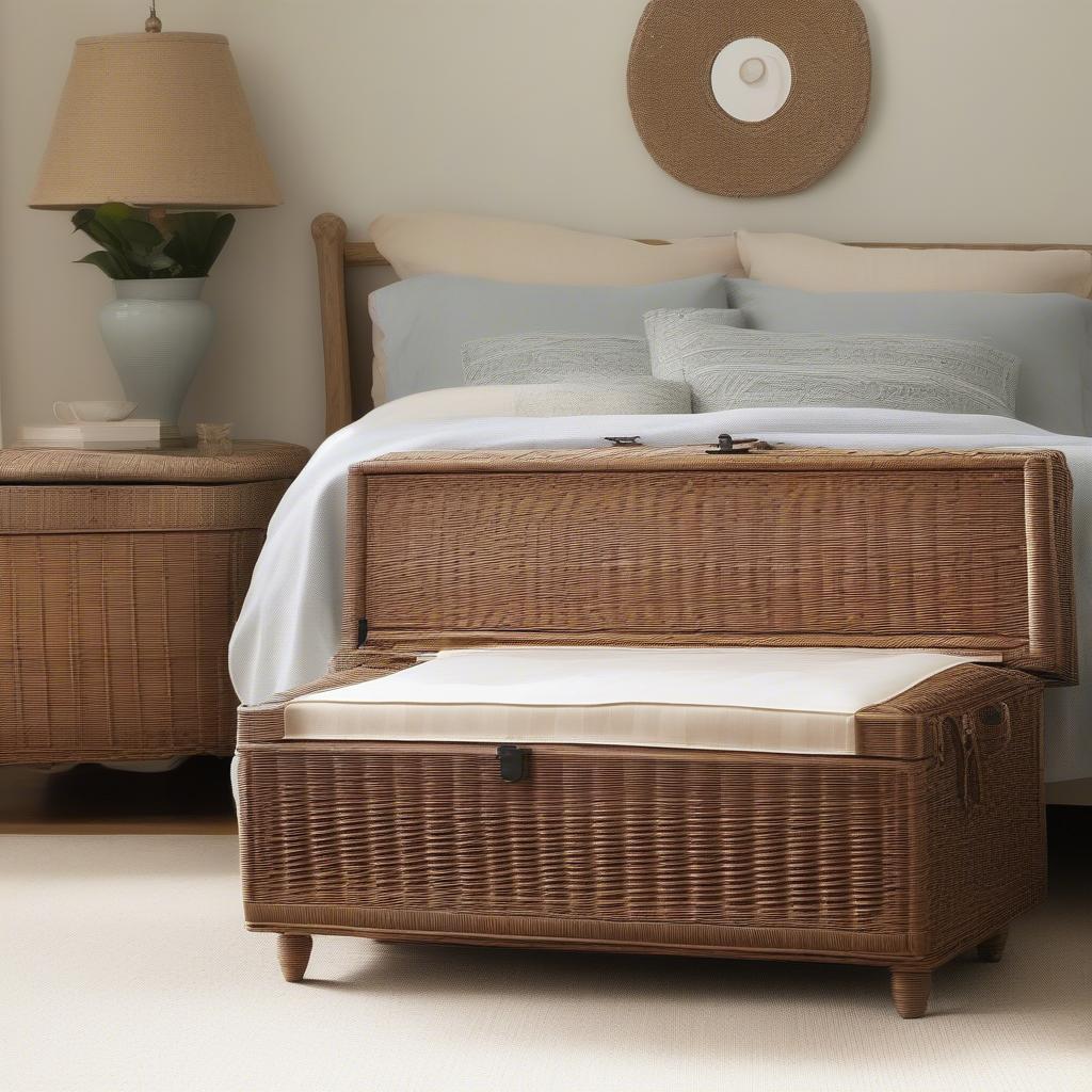 Extra large wicker storage chest in a bedroom