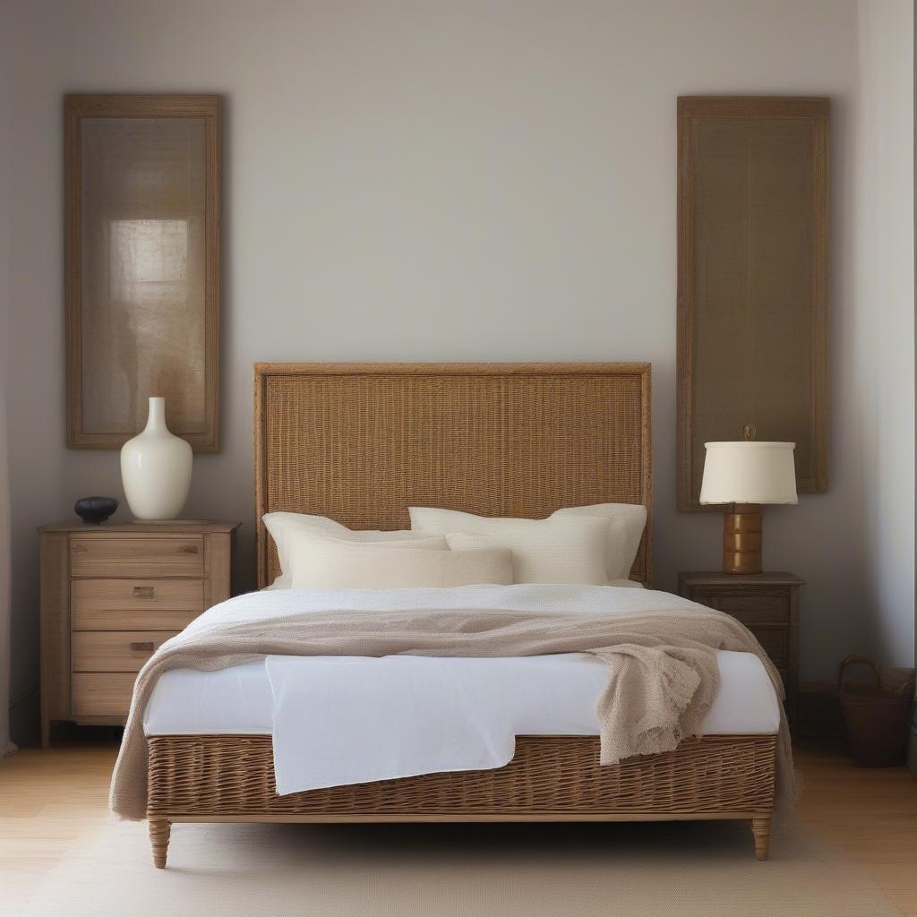 A wicker storage chest in a bedroom, used to store blankets and pillows.