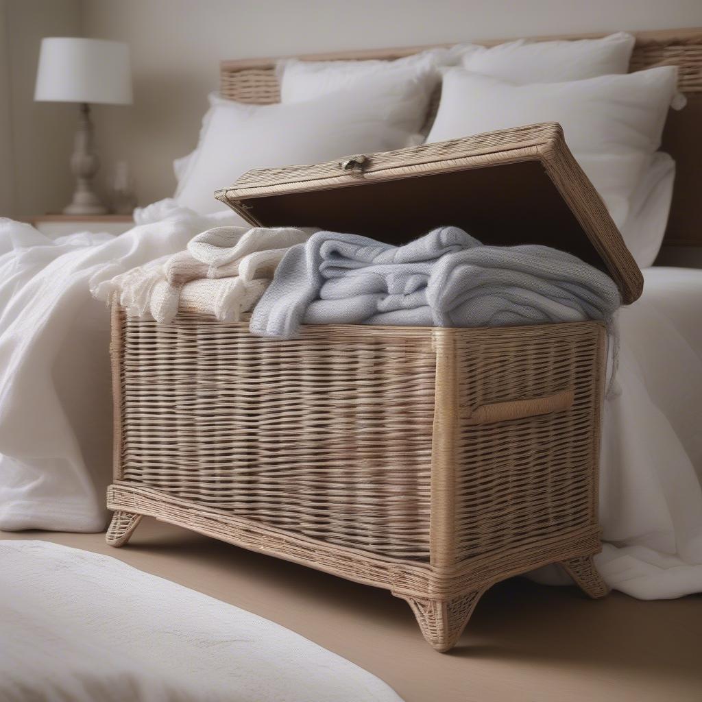 Shabby chic wicker storage chest in a bedroom