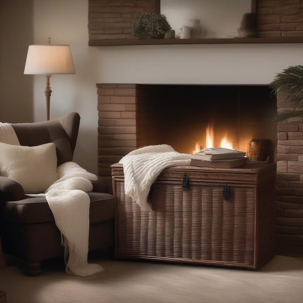 Wicker storage chest for blankets in a living room setting