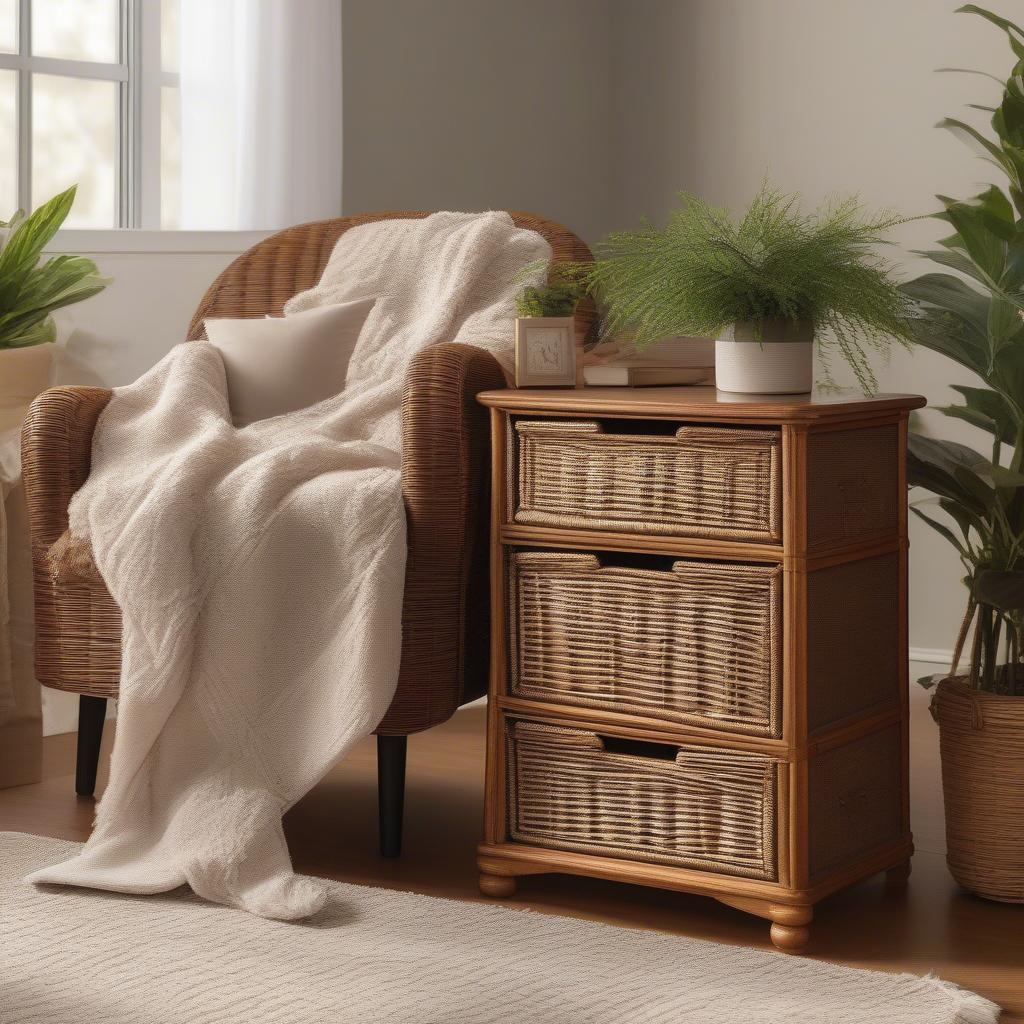 Brown wicker storage chest in a living room setting