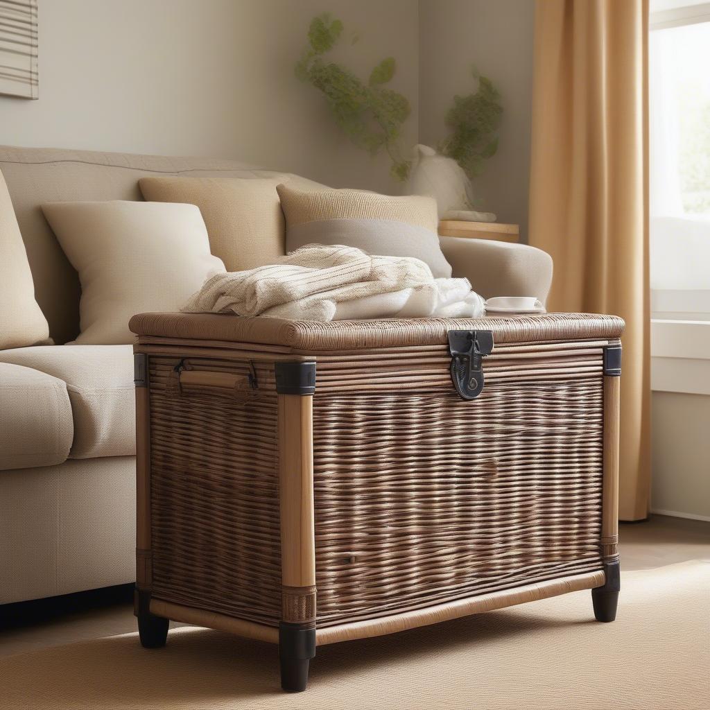 Wicker storage chest in a Canadian living room setting, showcasing its natural elegance and practicality.