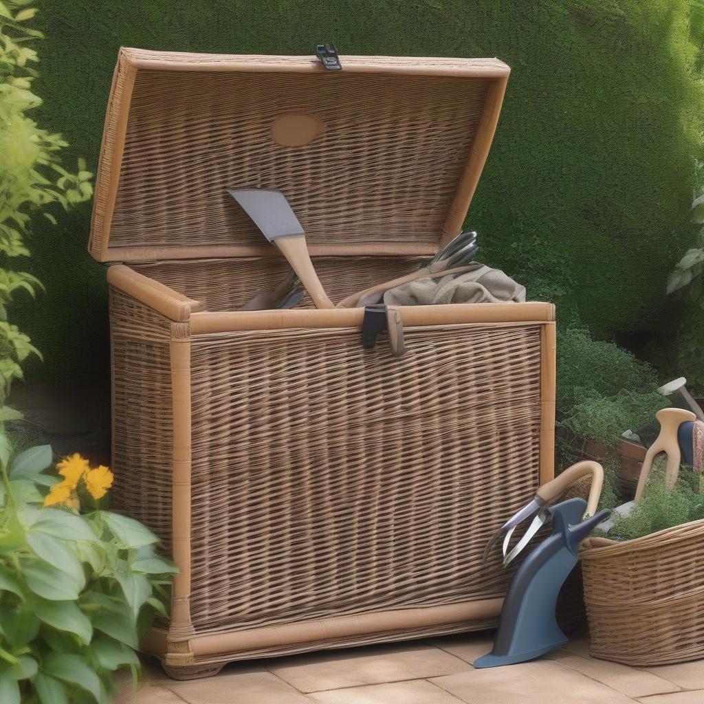 Wicker storage chest in a garden setting filled with gardening tools.