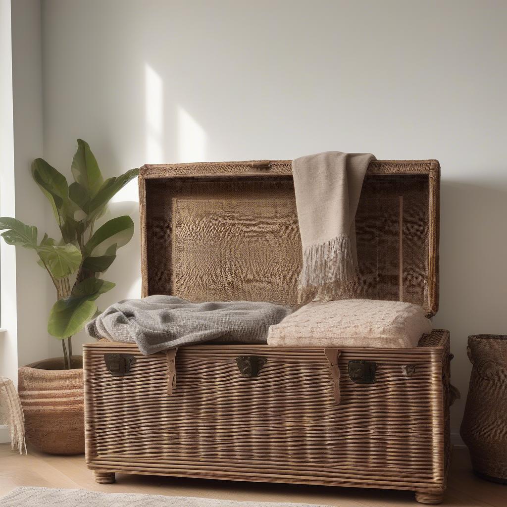 Wicker storage chest trunk in a living room setting