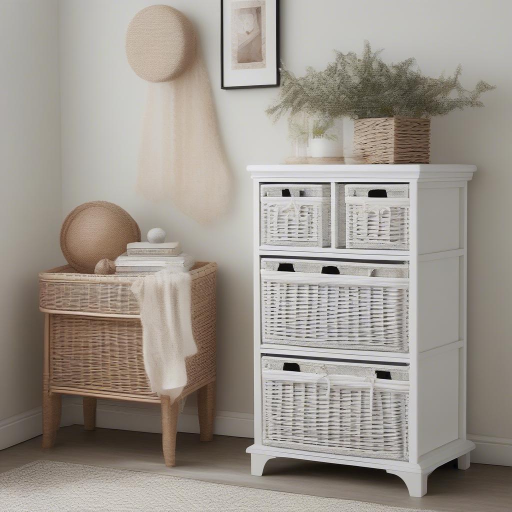 Wicker storage chest with drawers in a bedroom setting