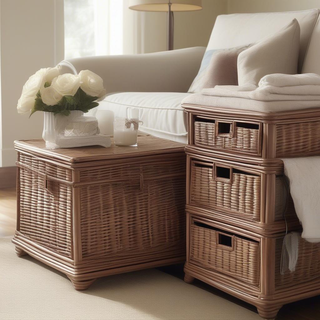 Wicker storage chest with drawers in a living room setting