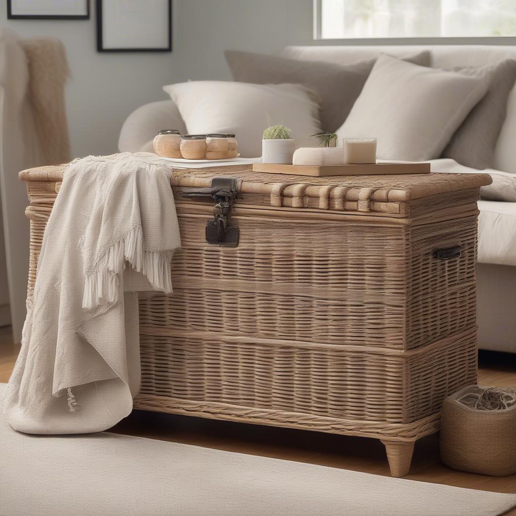 Wicker storage chest with lid and drawers in a living room setting