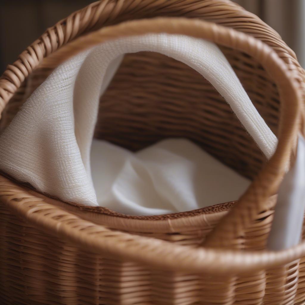 Close up of tightly woven wicker basket with lid